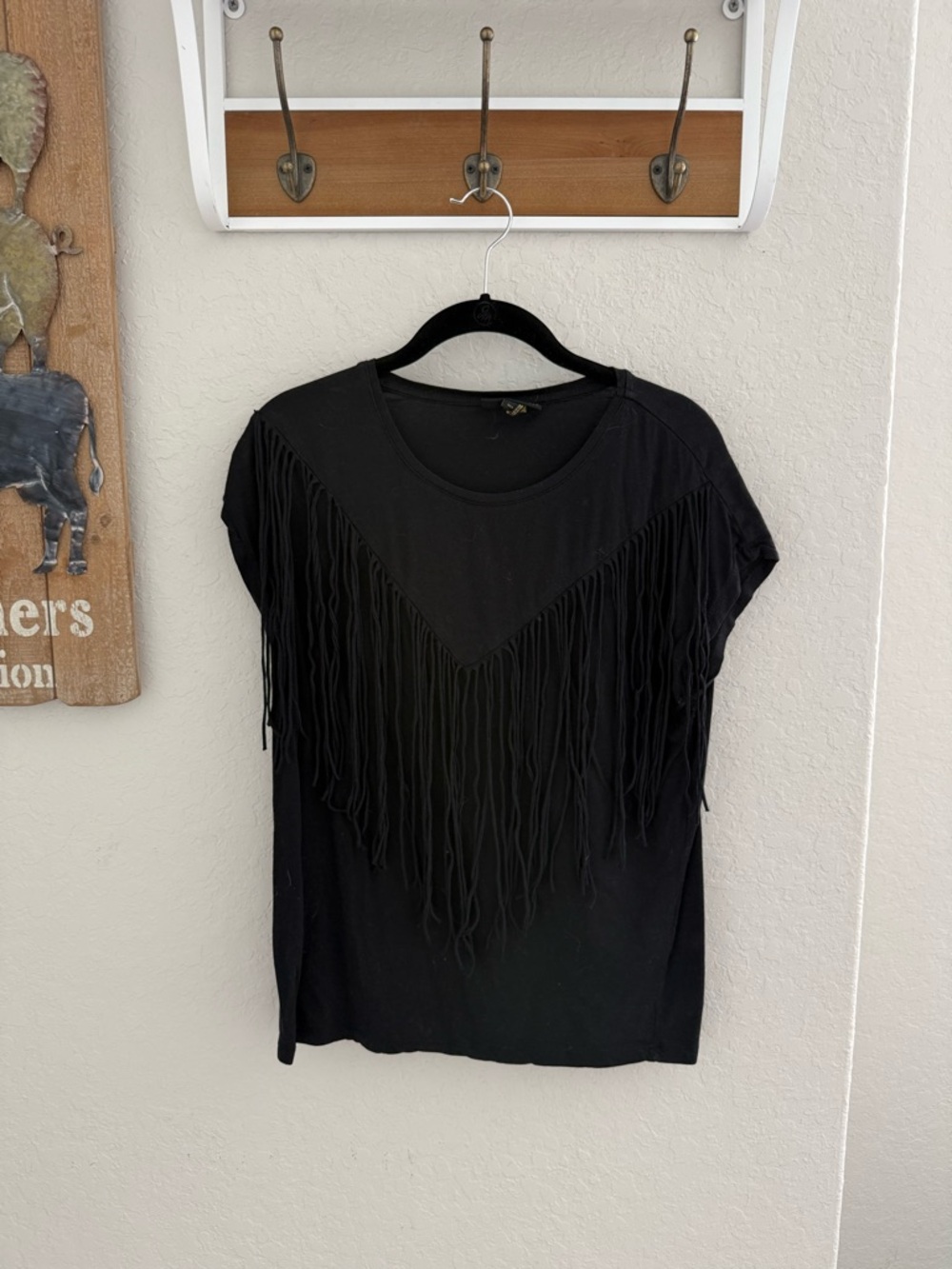 Buffalo David Bitton Black Short-Sleeve Fringe Top